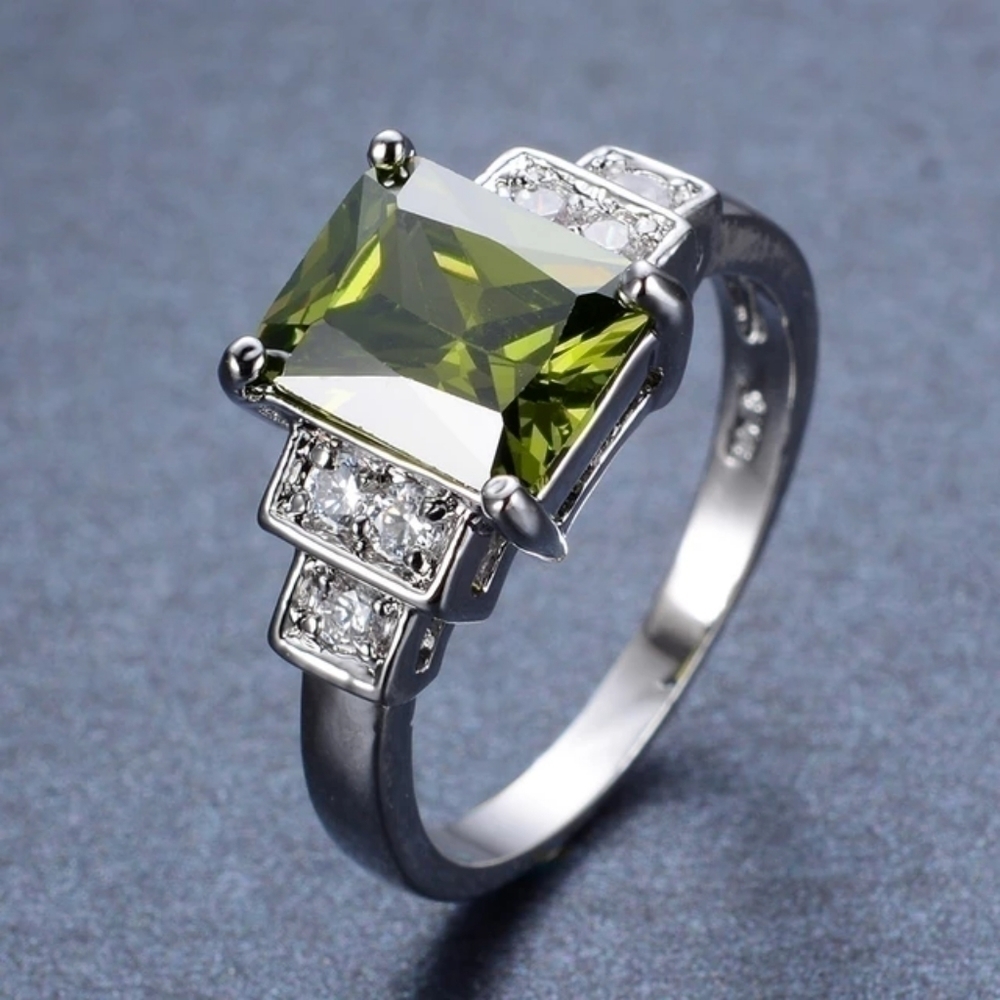 Square Olive Green Stone Ring Luxury Birthstone Rings